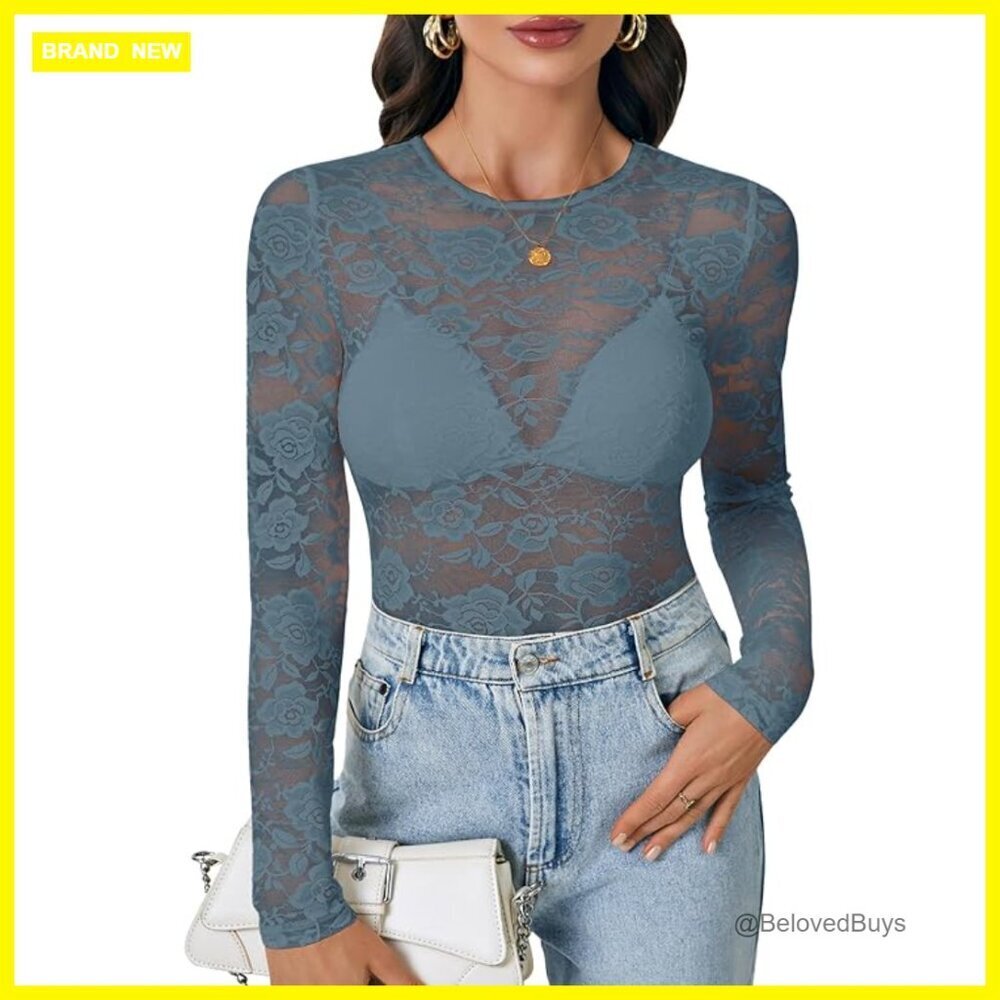 Mesh Long Sleeve Blouse Sheer Floral Lace Top Slim Fit